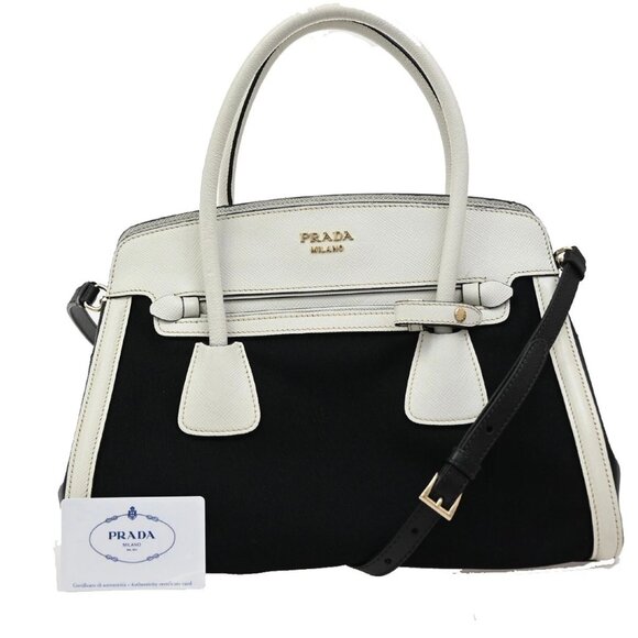 PRADA Logo Bicolor 2Way Shoulder Hand Bag Canvas Leather Black White GHW 76EF513 - Picture 1 of 16